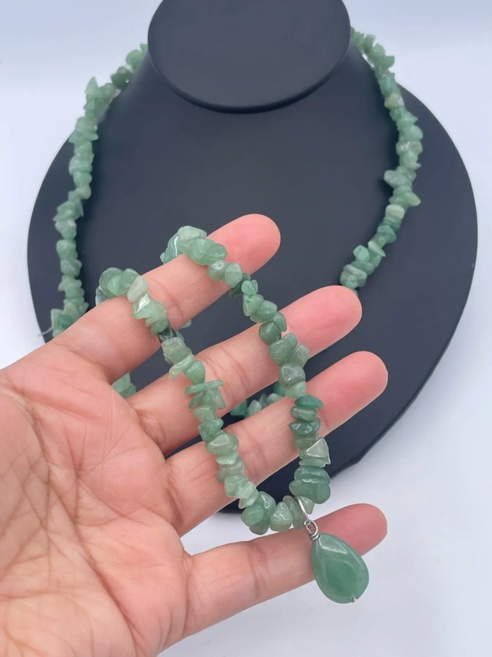 Green Aventurine Chip Long Bead Necklace with Teardrop Pendant Natural Gemstone